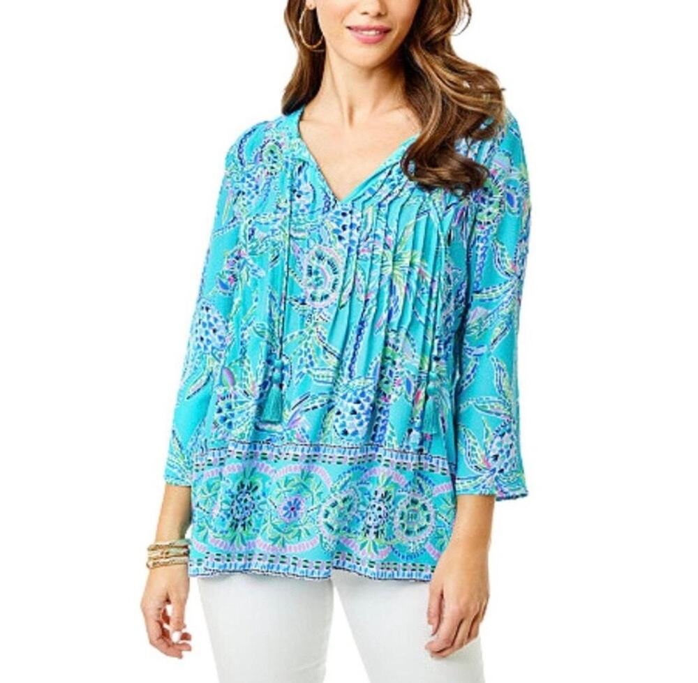 Lilly Pulitzer Marlina Tunic Blouse XL Blue Floral Paisley Bright Colorful Blue